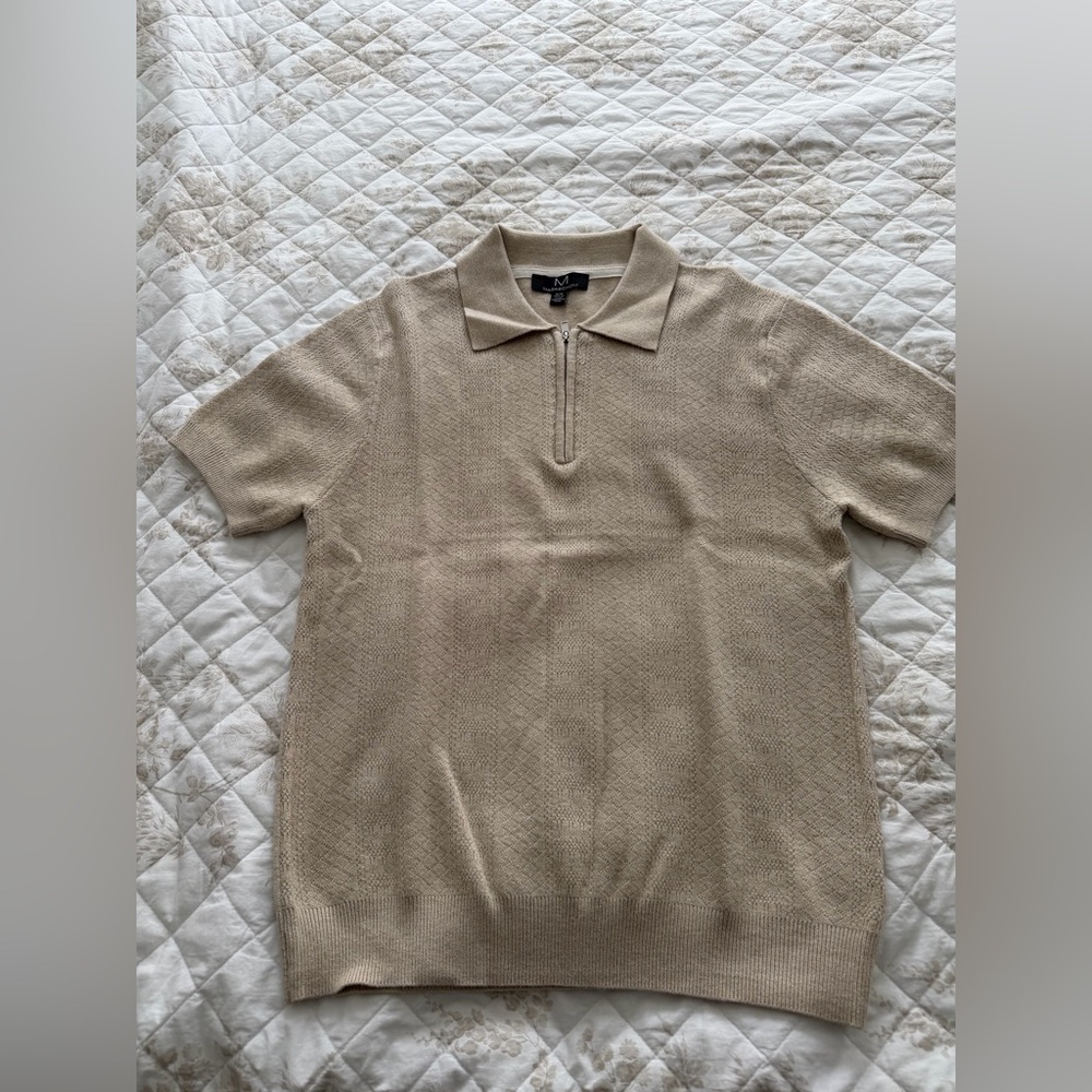 Beige Knit Short-Sleeve Zip Polo